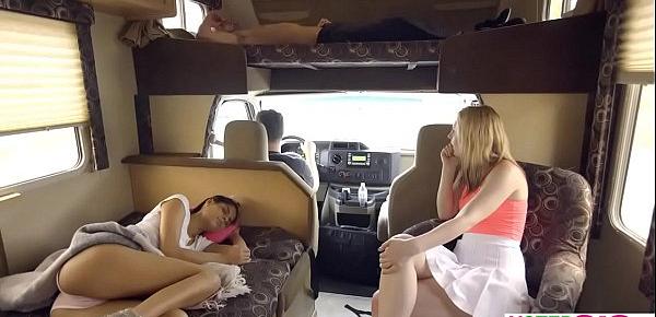  Horny teens fuck in the back of the van during the road trip